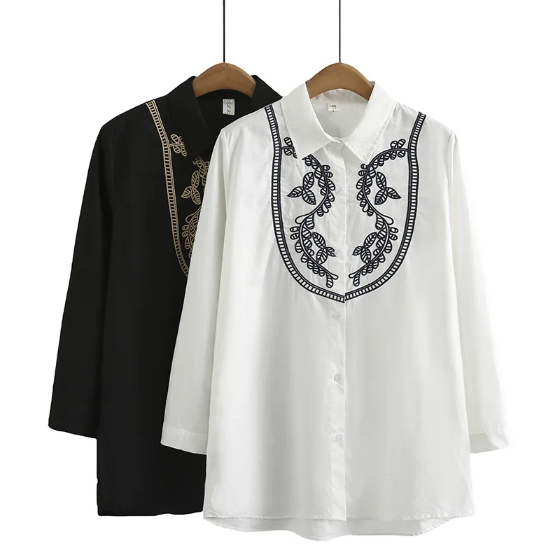 2023 Autumn Plus Size Women Shirt Art Style Embroidery Long Sleeve Cotton Tops Loose Mid-Length Blouses Oversized Curve Clothes