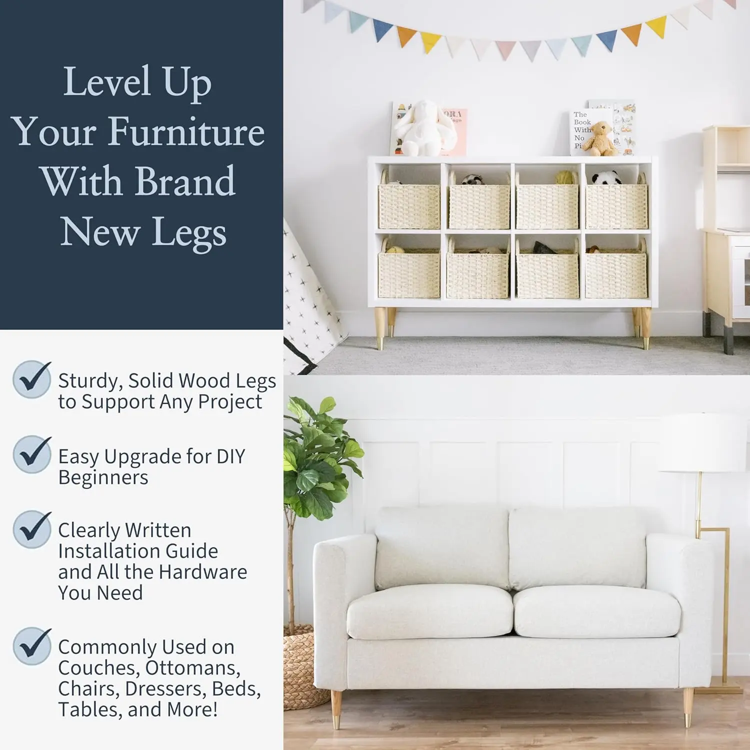 Ash Wood Furniture Legs With Gold Caps - Mid Century Legs For Sofa, Chair, Table, Dresser, Bed