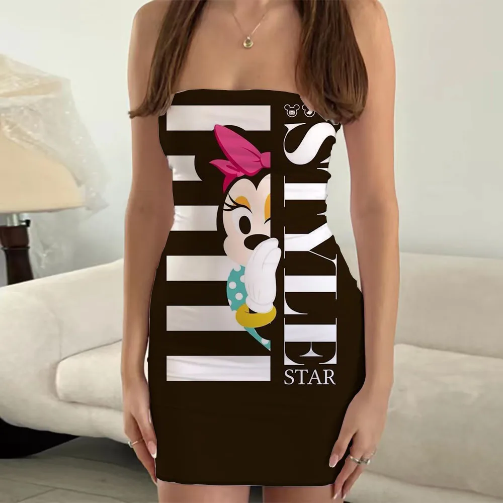 Fashionable and comfortable casual dress Mickey pattern tube top dress cartoon print off-shoulder strapless sleeveless tube top