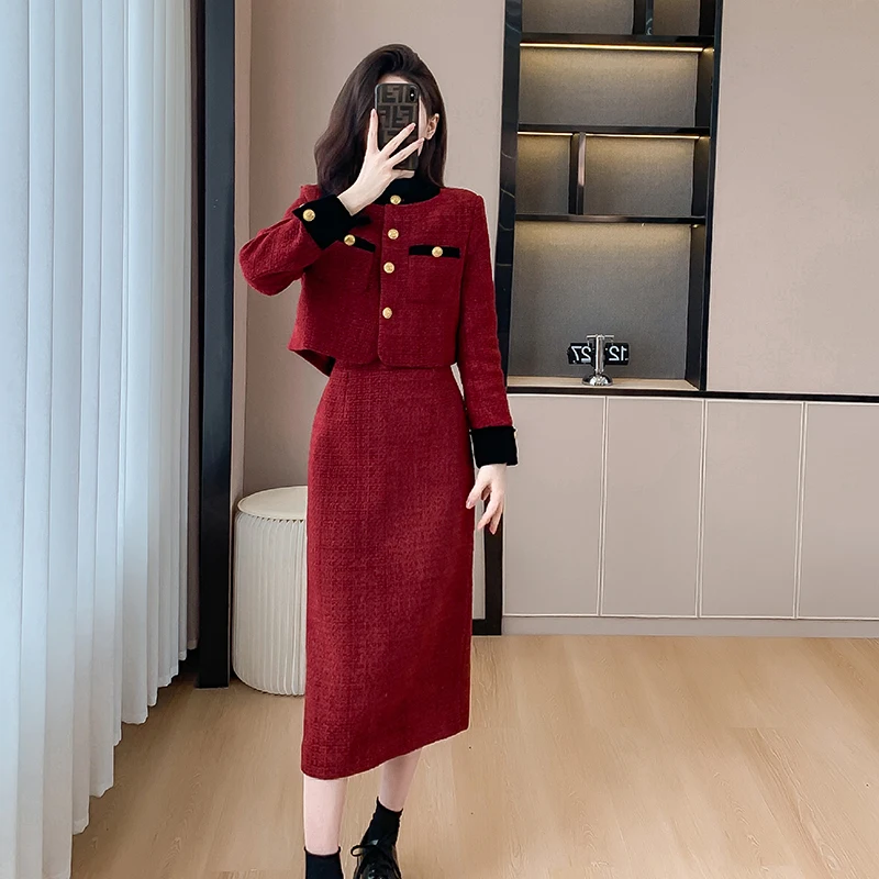 2023 Women Fashion Two-Piece Set Vintage Tweed Single Breasted Blazer Female Short Jacket Mini Skirt Chic Suit Ladies Outfits