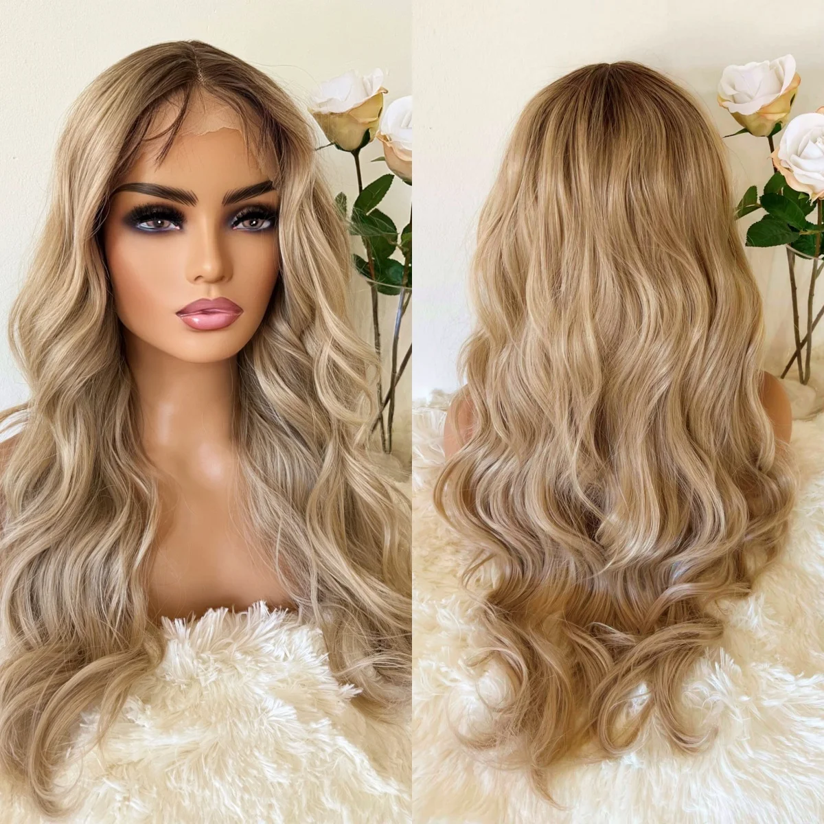 High Density Wig Ombre Creamy Ash Blonde HD Lace Front Top Wigs With Baby Hair Middle Parting Human Hair Blend Synthetic Fiber