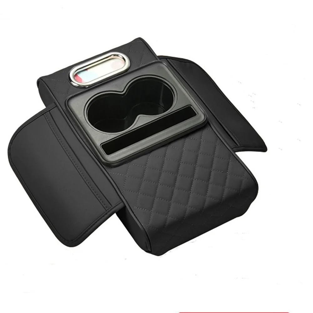 

Auto Center Console Armrest Cushion With 2 Cup Holder PU Leather Armrest Pad Portable Car Amrest Pillow Cover Height Pad