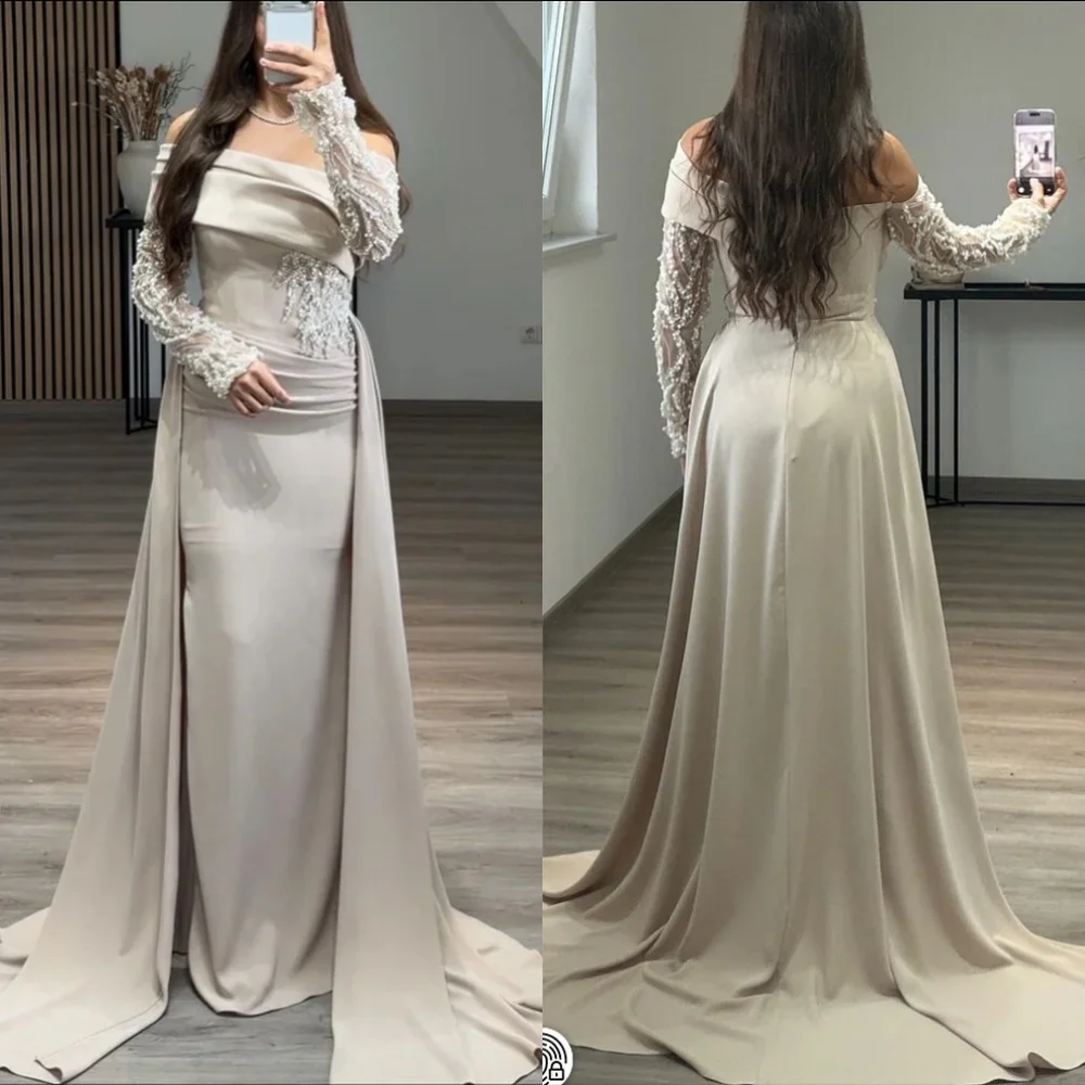 

Customized Elegant Matching Jersey Beading Pleat Straight Off-the-shoulder Long Dresses Bespoke Occasion Dresses High Quality