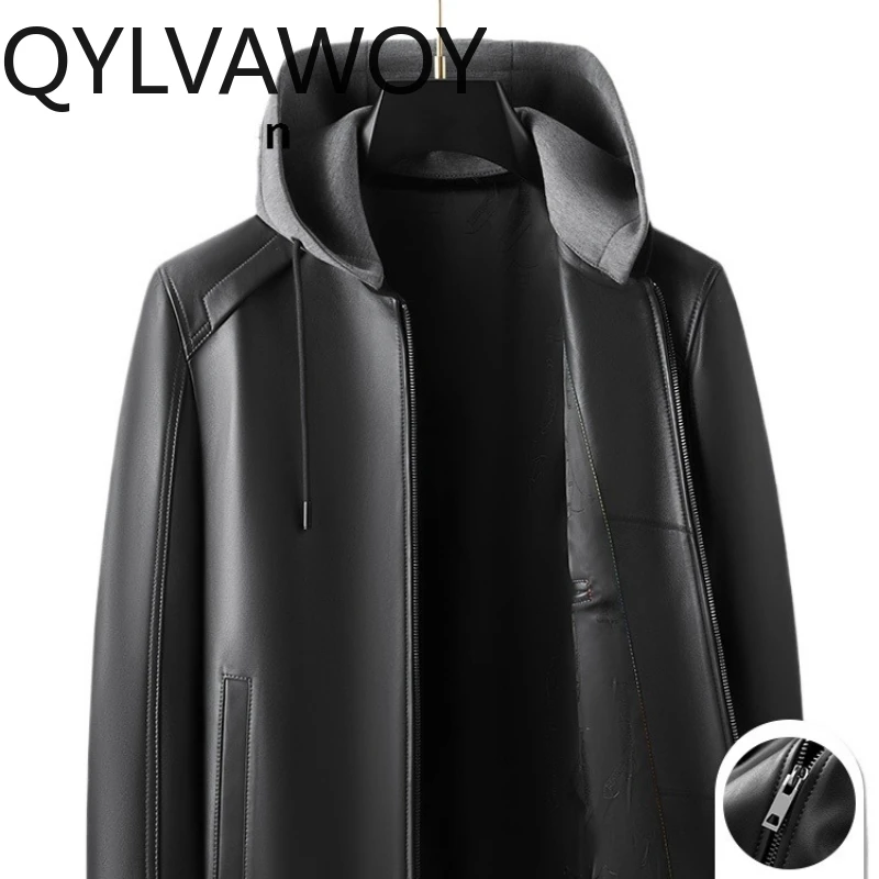 

QYLVAWOY 2025 осень-зима новая мужская кожаная куртка из натуральной овчины со съемным капюшоном повседневная верхняя одежда из натуральной кожи LJ2644