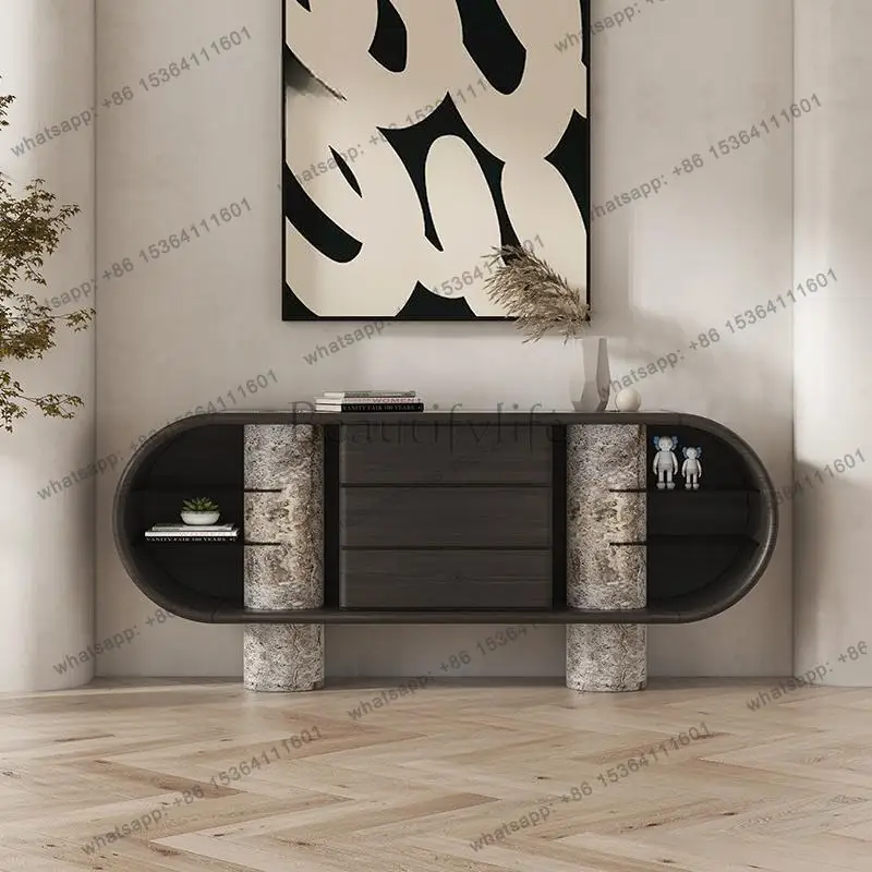 Italian Natural Marble Sideboard, Luxury Stone Storage Cabinet with Open Shelves, Scratch & Stain Resistant, Eco-Friendly
