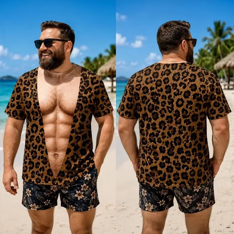 Men Novelty Leopard Fake Open Shirt T-Shirt 3D Printed Fake Six Pack Abs Graphic Tee Summer Beach Vacation Funny Party Men Tops