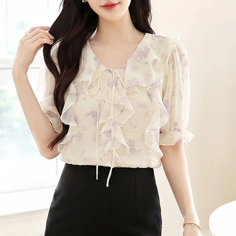 

Shirts Blusas V-Neck Ruffles Women Blouse Shirt New Summer Short Sleeve Print Lace-up Blouse Shirt Women Tops Blouses 2026 Q4046