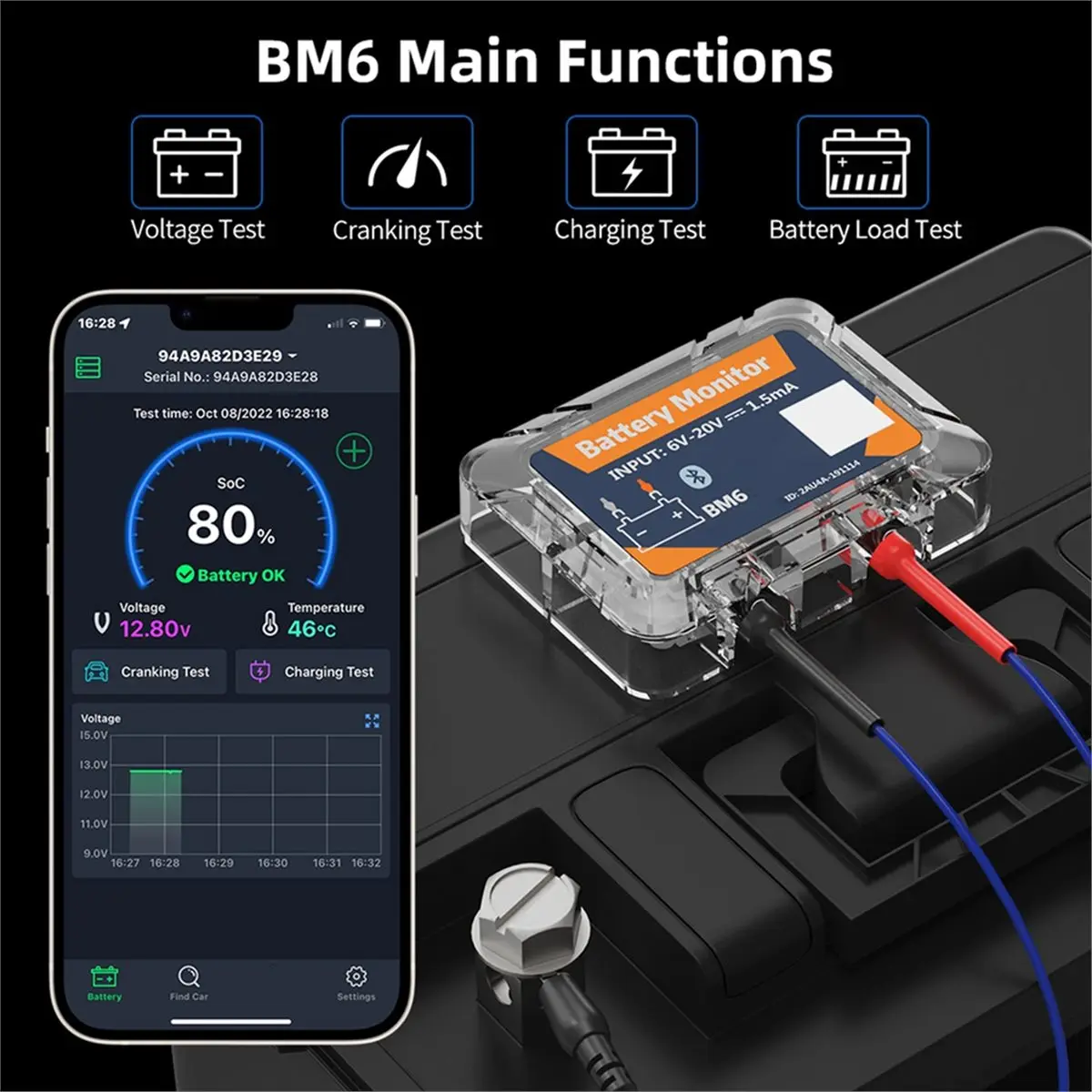 (SPOR) Bluetooth 4.0 Car Battery Monitor 12V Battery Tester Charging Cranking Test Battery Analyzer APP for Android IOS 2pc
