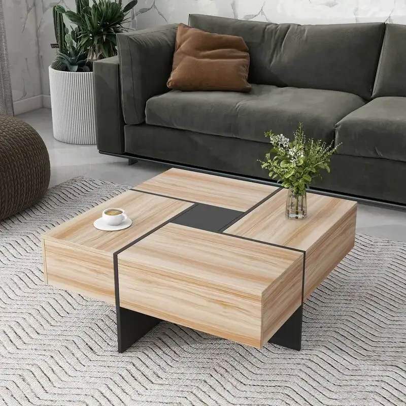 Unique Design Coffee Tea Table with 4 Hidden Storage Compartments Square Cocktail Table for Living Room Furniture