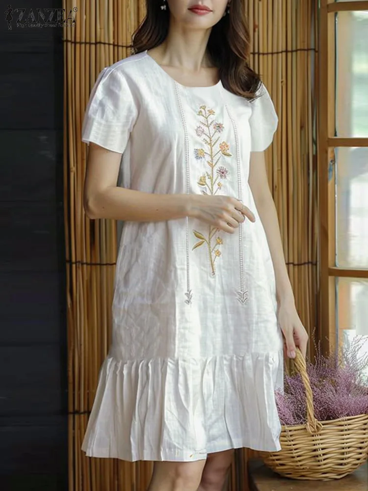 

Платье ZANZEA женское свободного кроя с коротким рукавом, модный праздничный сарафан с вышивкой, с круглым вырезом, повседневная одежда с прострочкой, лето 2024