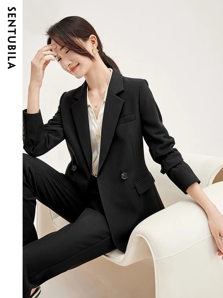 SENTUBILA 2023 Autumn Winter New Casual Jacket Blazer Wide Leg Pants Two-piece Elegant Women Pants Suit Office Outfit 133Z50003