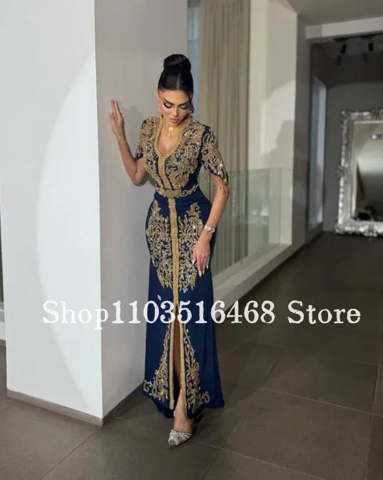 Suknia wieczorowa w kolorze granatowym, inspirowana Bliskim Wschodem, zdobiona koralikami, luksusowa, haftowana, arabska suknia balowa, suknia na wesele, sukienka na przyjęcie, formalna suknia bankietowa.