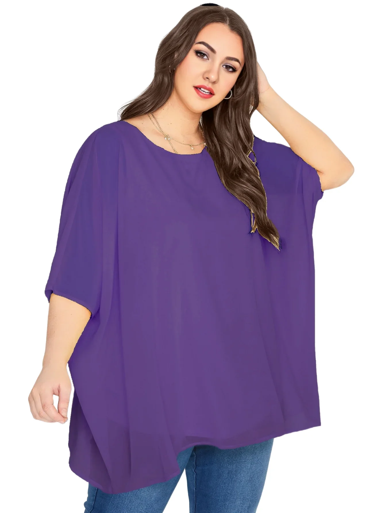 Womens Plus Size Elegant Summer Blouse Batwing Sleeve Oversized Chiffon Blouse Scoop Neck Large Size Casual Tunic Top Shirt 8XL