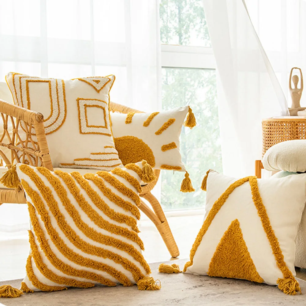 30x50/45x45cm Boho Golden Sun Throw Pillowcase Romantic Sunshine Geometric Fringe Velvet Pillow Bedroom Sofa Home Cushion Covers