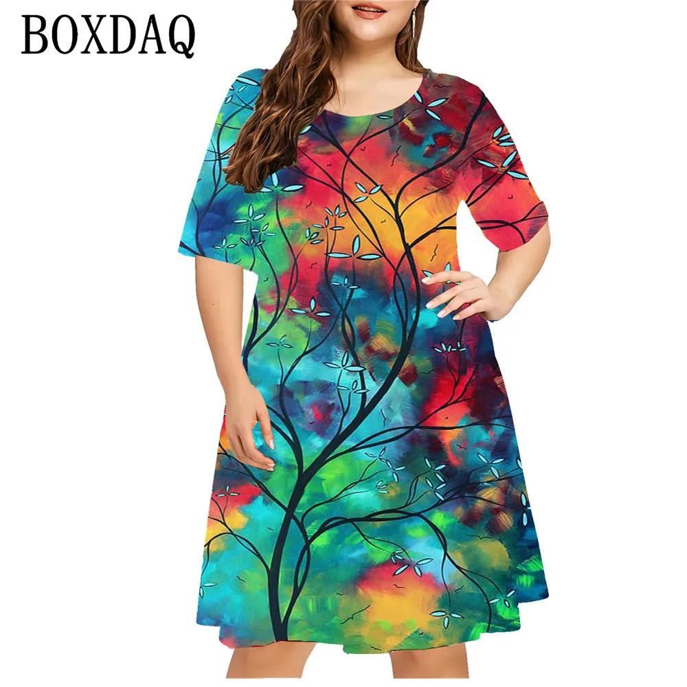 Tie Dye Gradient 3D Print Dress Summer Women Abstract Pattern Short Sleeve Dress Plus Size Loose Casual Pullover Ladies Clothing