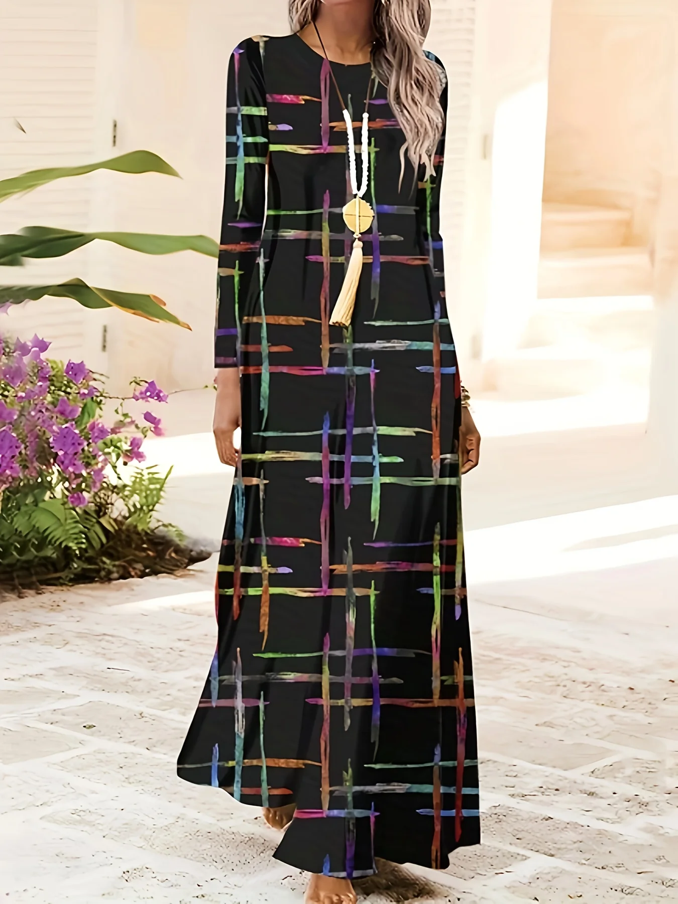 Printed Design casual style Colorful Abstract Lines Pattern Print women's dress