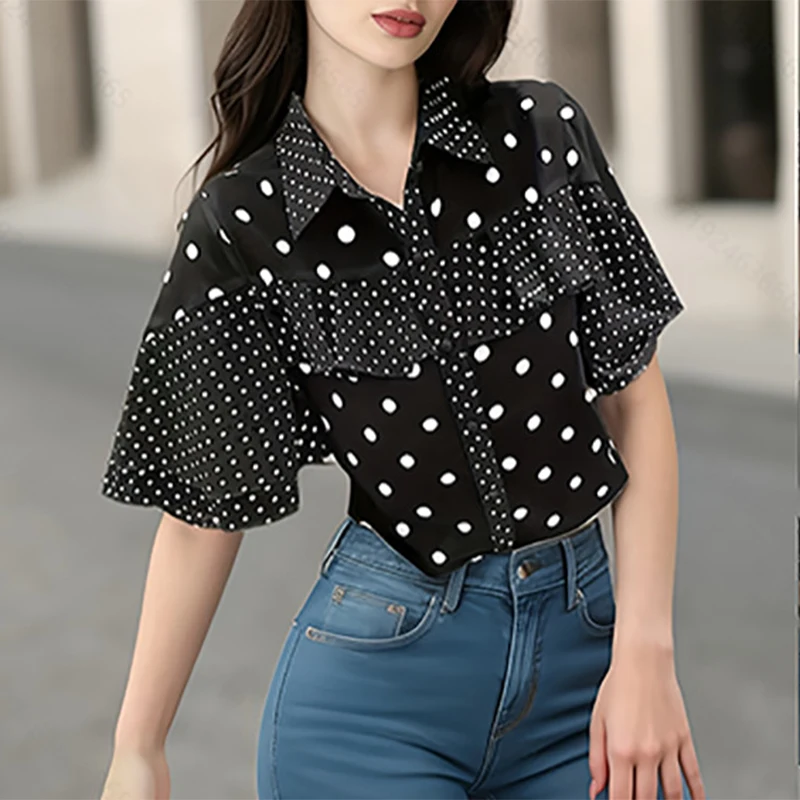 Temperament Polka Dot Short Sleeve Chiffon Shirts Women Fashion Spliced Ruffles Lapel Crop Top Summer New Single-Breasted Blouse