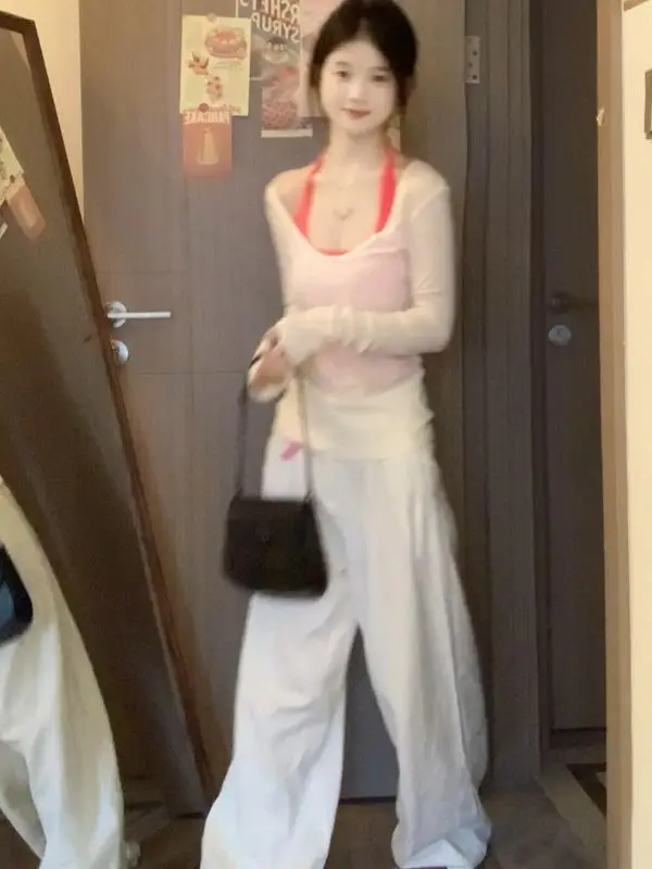 

Комплект из укороченного топа и брюк с широкими штанинами на высокой талии для женщин: летний новый корейский стиль, белый, для дерзких девушек