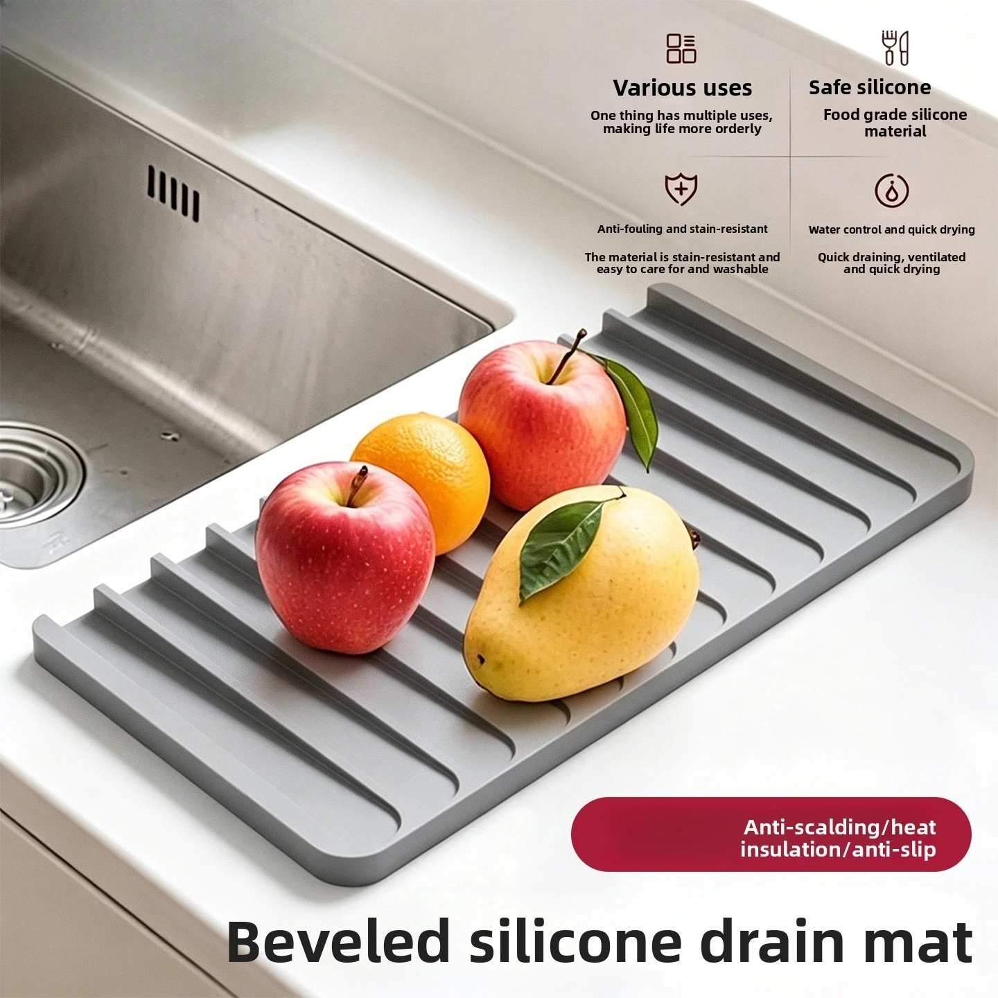 Sloped Silicone Drain Mat Kitchen Sink Drying Pad Countertop Draining Tray Non Slip Heat Resistant Dish Drying Mat Organizer