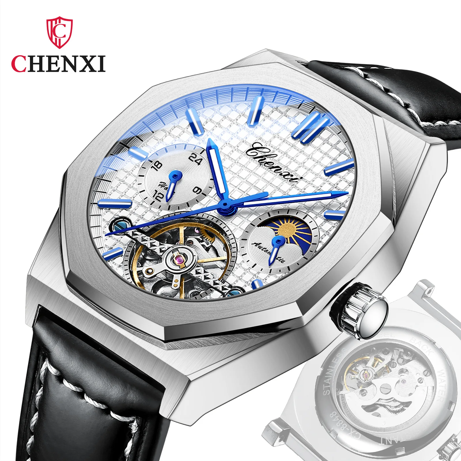 Steel Belt Men's Watch High-end Flywheel Sun, Moon and Stars Octagonal Fully Automatic Mechanical Watch Men's