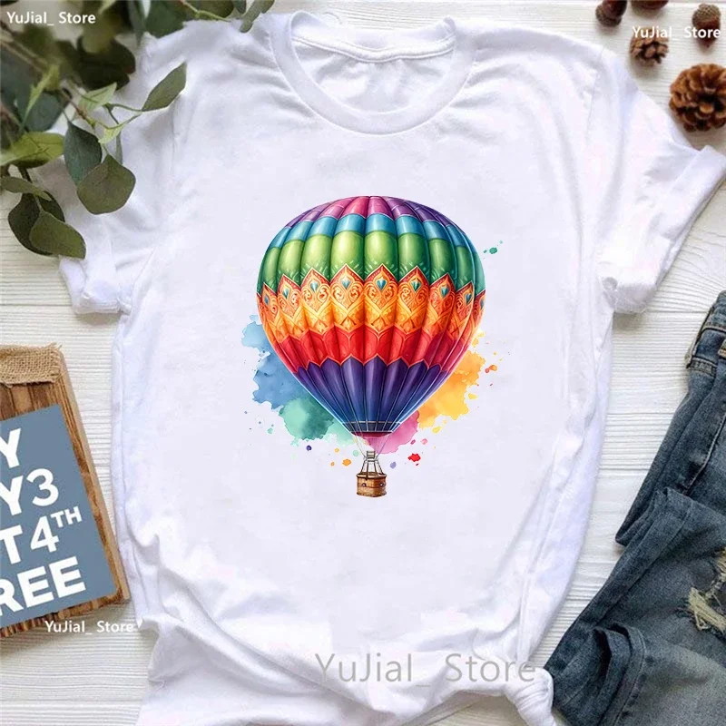 Colorful Hot Air Ballons Printed T Shirt Girls Rainbow Fashion Tshirt Women Clothes 2024 Summer Short Sleeve T-Shirt Female