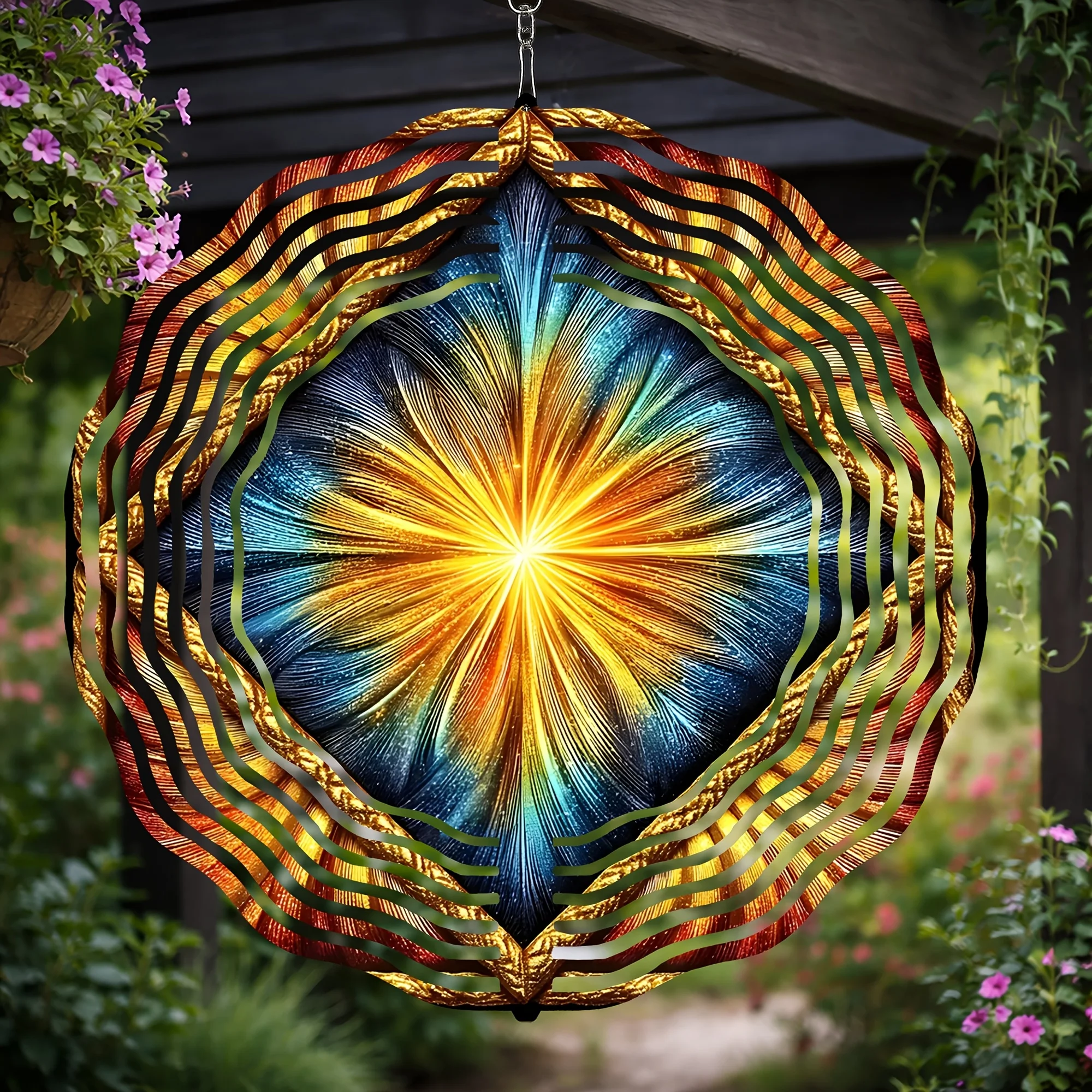 1pc Metal 3D A Wind Chime Featuring an Abstract Starburst Design Framed by Golden Diamonds, Creating a Mysterious