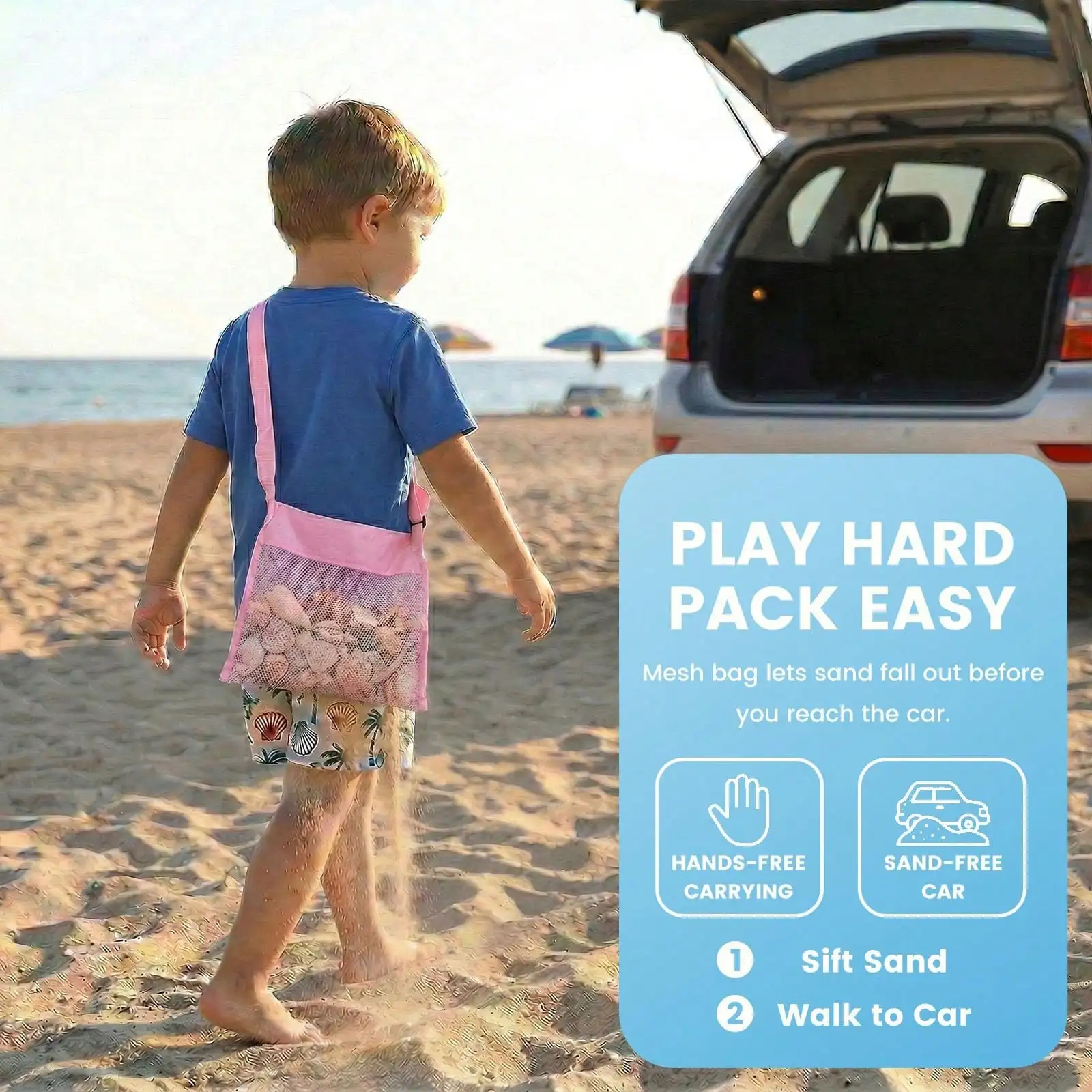 Kids Colorful Mesh Beach Bags Seashell Collecting Bags with Adjustable Strap Lightweight Breathable Bag for Holding Shells Sand Toys Outdoor Beach Play