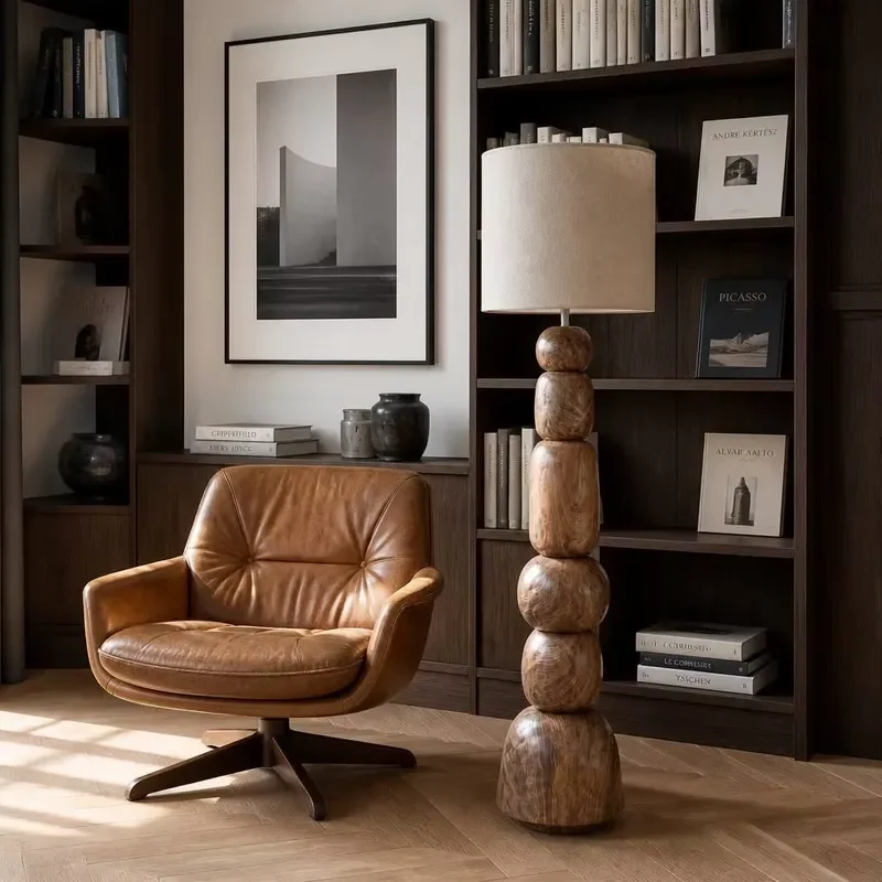Ceramic Totem Floor Lamp Walnut Pattern Stacked Geometric Base Natural Linen Shade Wabi Sabi Nordic Style Living Room Light