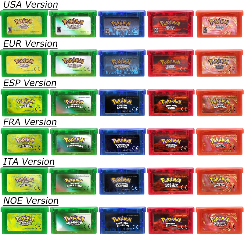 خرطوشة ألعاب فيديو GBA بطاقة وحدة التحكم ، 32 بت ، بوكيمون ، زمرد ، نار ، أحمر ، ورقة شجر ، أخضر ، ياقوت ، ياقوت ، ملصق لامع ، هدية للجماهير