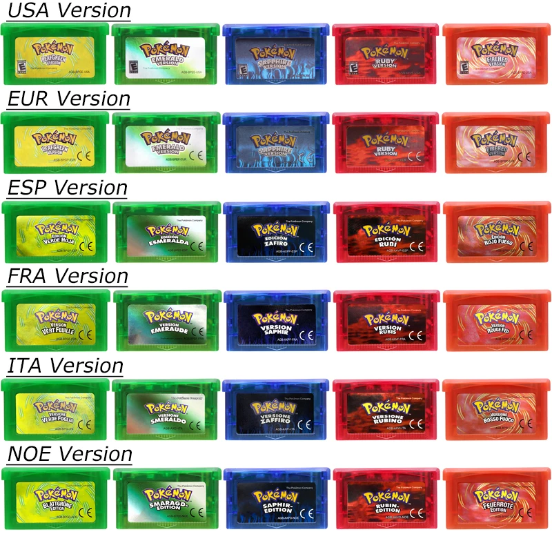 32 Bit Video Games Cartridge GBA Game Console Card Pokemon Emerald Fire Red Leaf Green Ruby Sapphire Glitter Label for Fans Gift