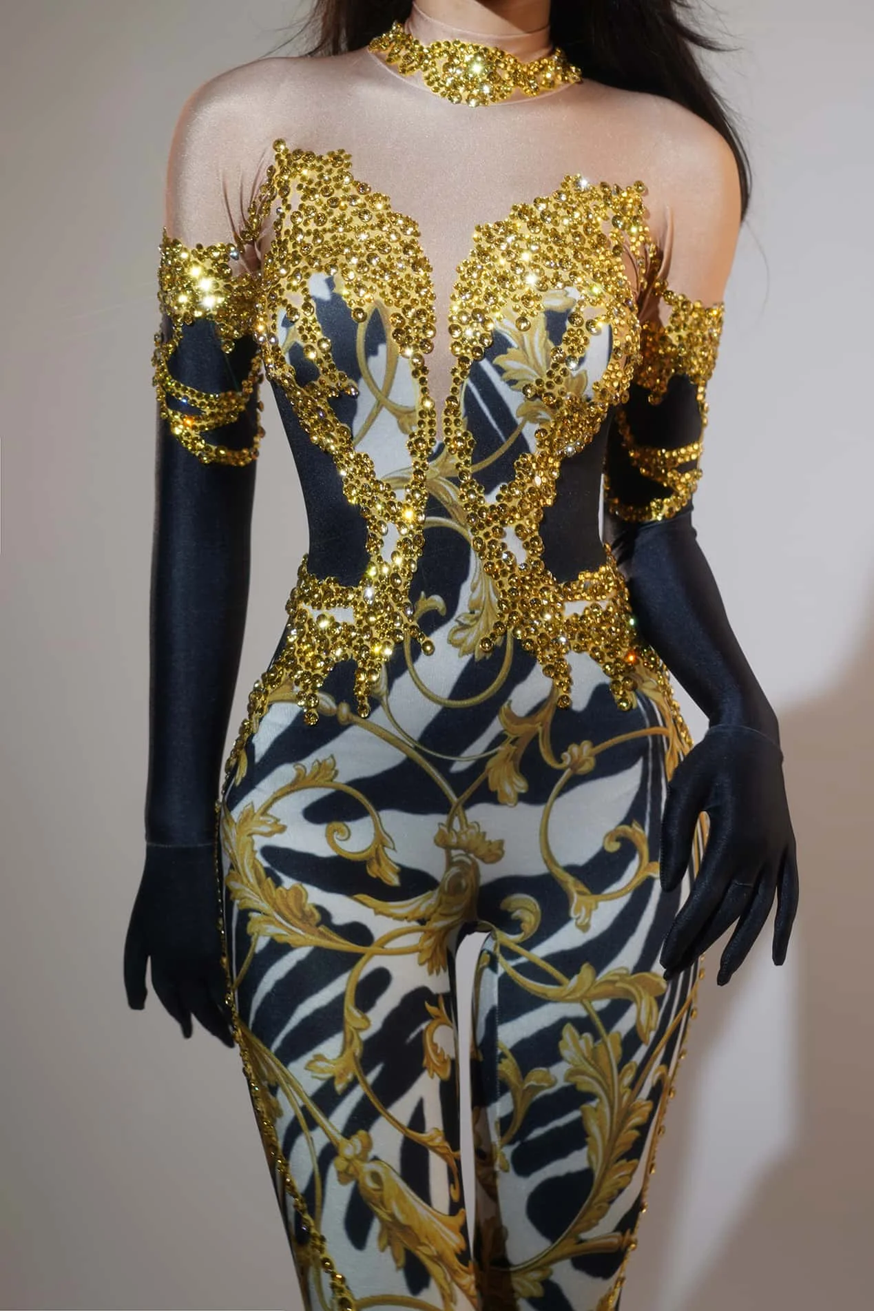 New Halloween Dance Clothing Sexy Gold Rhinestones Stretch Jumpsuit Drag Queen Outfit Stage Gogo Dancer Costumes ﻿Xiama