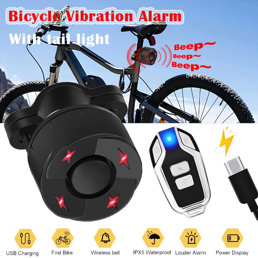 Alarma de vibración para luz trasera de bicicleta, Control remoto inalámbrico, carga USB, impermeable, antirrobo, alarma de seguridad eléctrica para