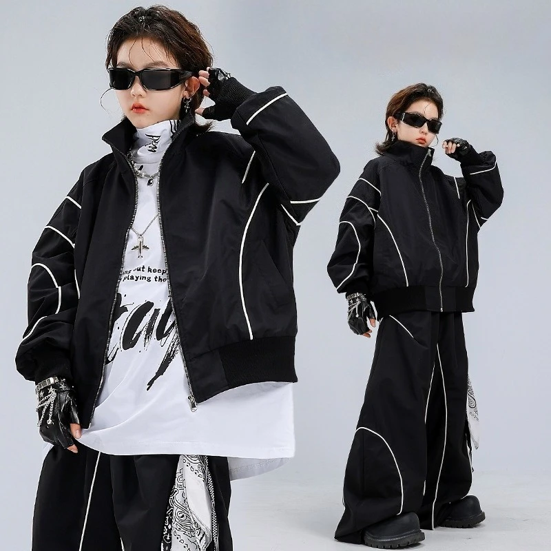 Boys Street Dance Outfits Hip Hop Costume Black Jacket Pants Girls Jazz Dance Clothes Group Stage Performance Sets Street Wear
