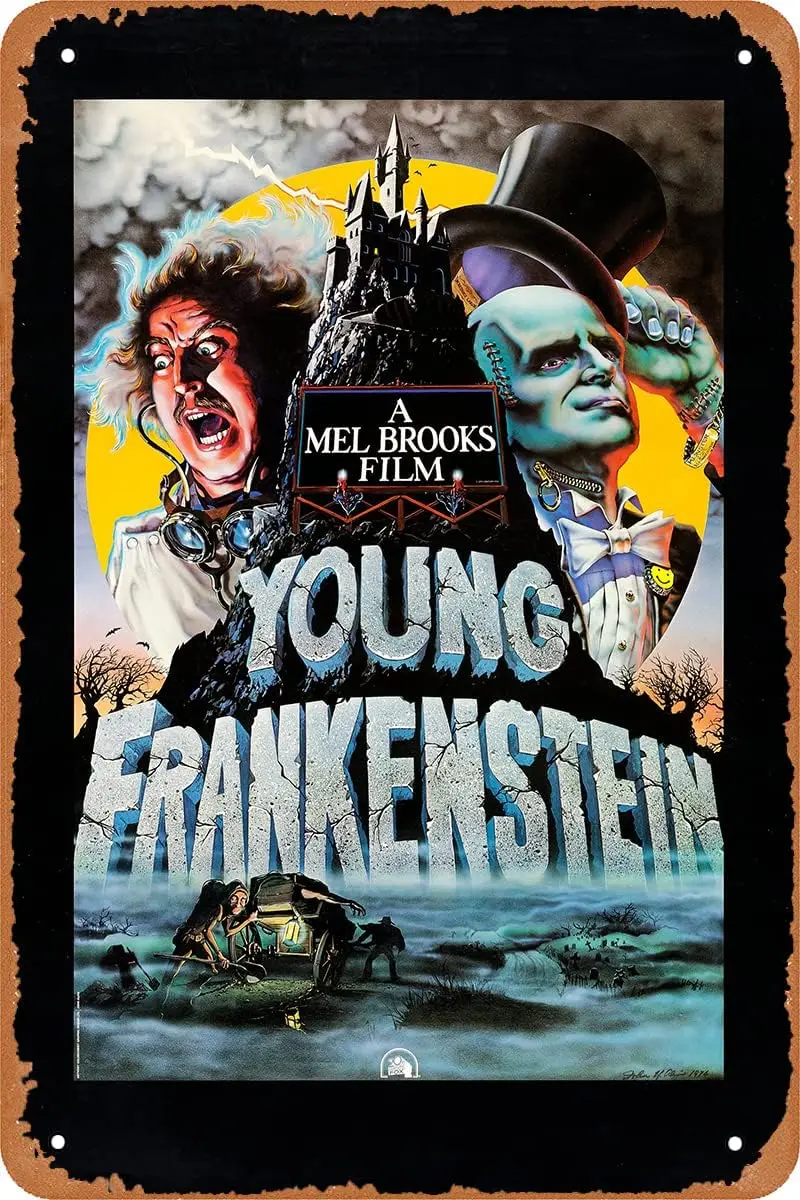 Bheuriza Young Frankenstein Horror Movie Poster Classic Movie Tin Sign Metal Signs Wall Art Decor Home Bar Decorations 12x8 sign