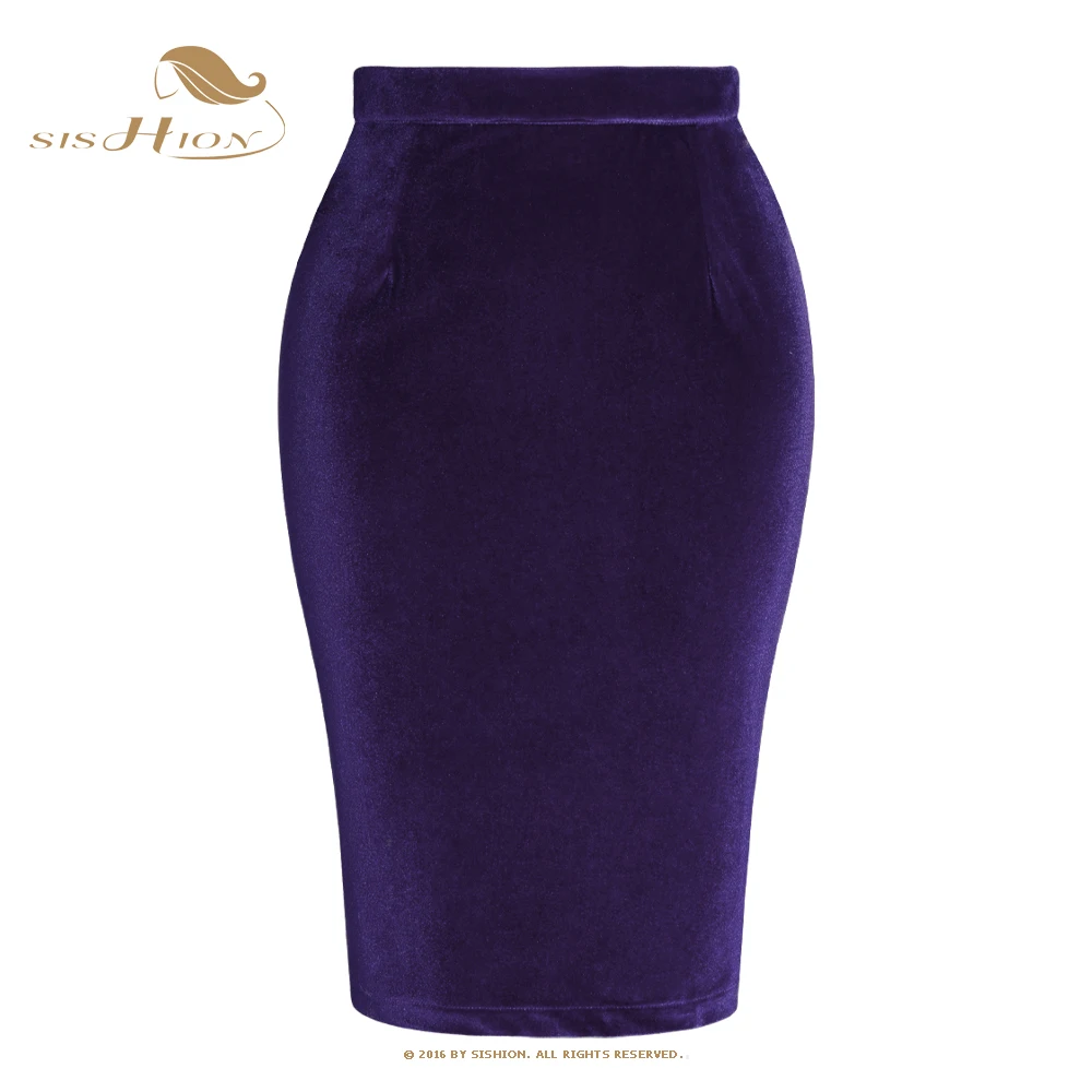 SISHION Purple Black Autumn Winter Women Skirt Stretch Bodycon Straight Casual Work OL Office Pencil Velvet Sexy Skirts SS0028