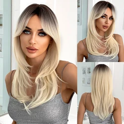 Blonde Brown Ombre Synthetic Wigs Long Layered Straight Wig with Bangs For Black Women Daily Party Cosplay Use Heat Resistant