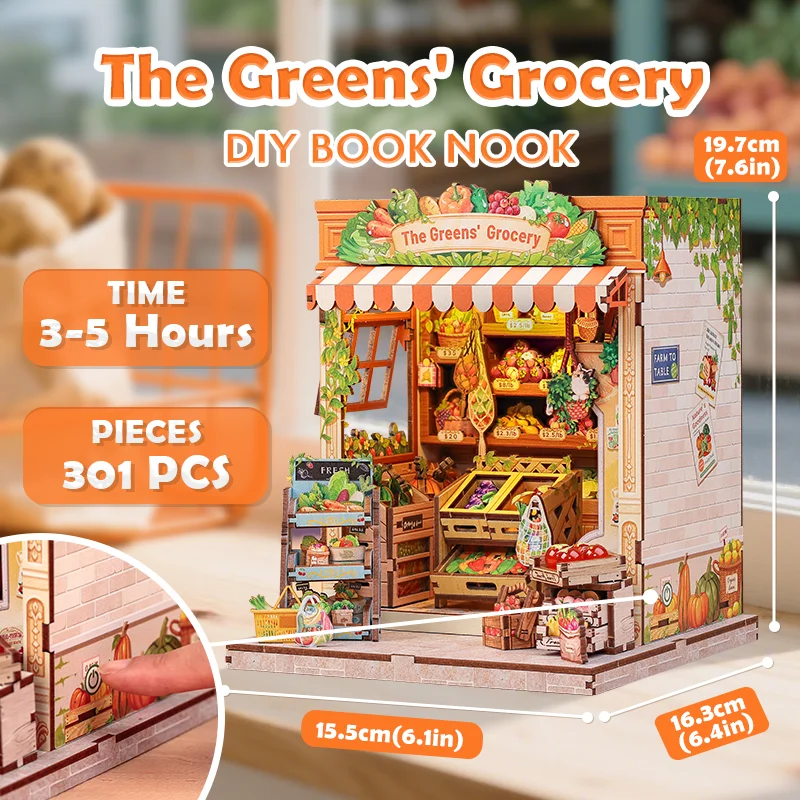 CUTEBEE Kit angolo libro fai-da-te Modello in miniatura Casa delle bambole in legno con inserto per libreria a luce LED Negozio di frutta per la spesa verde