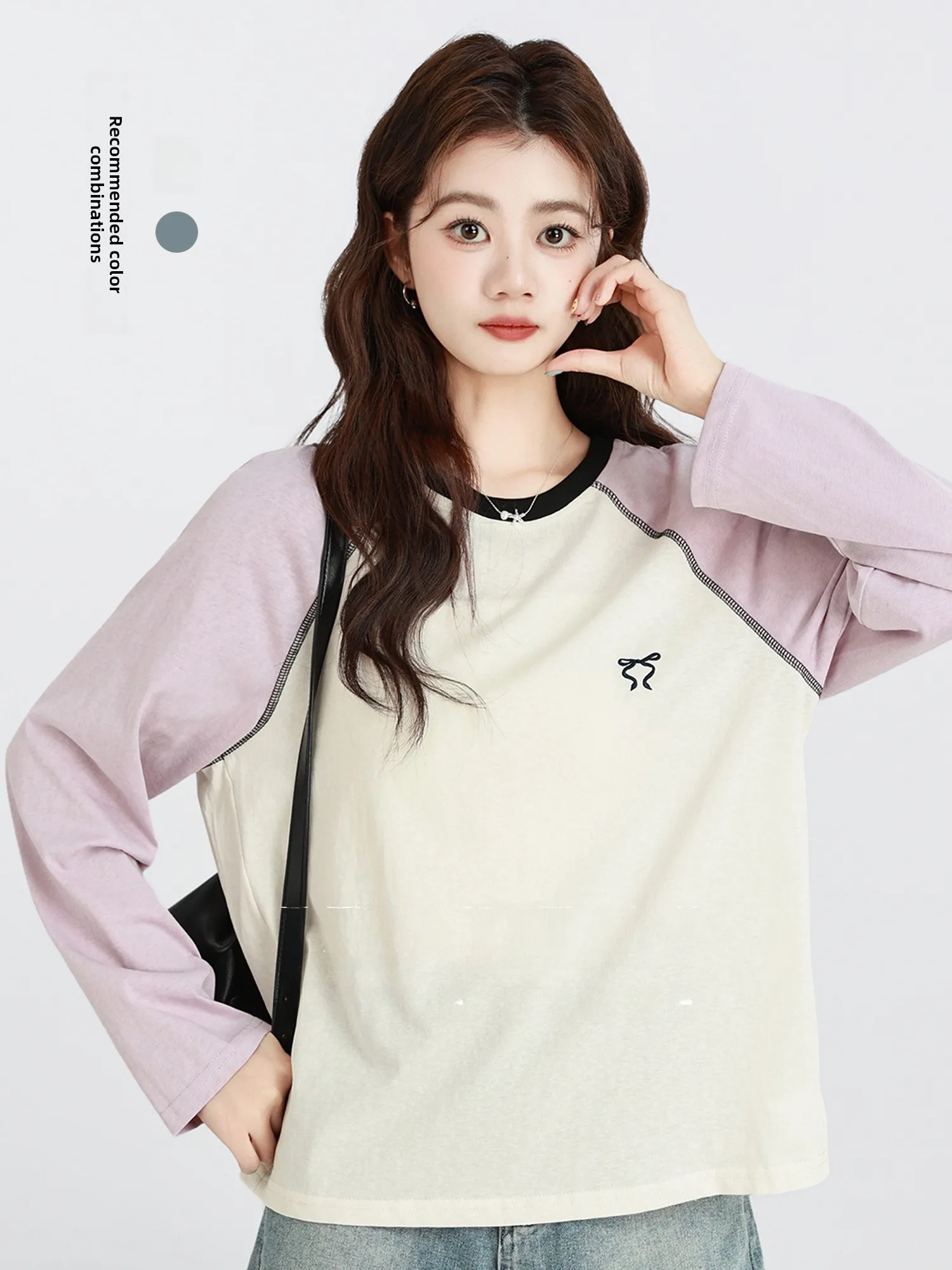 

Корейская футболка Sweet Color Blo oulder Long Sve, женская осень 2023, новый круглый топ с узлом Ne Top