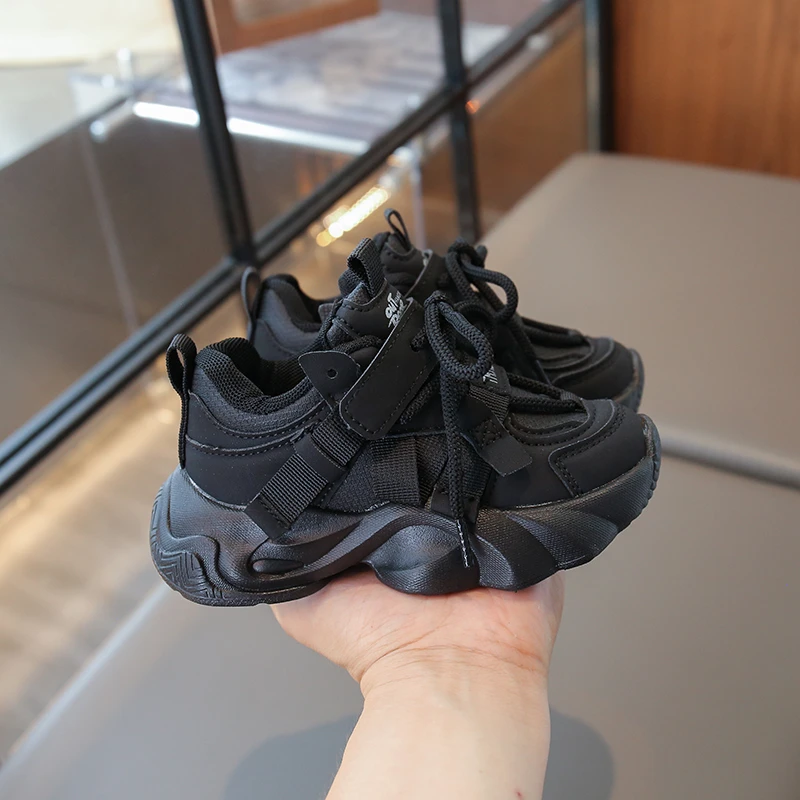 Kids Chunky Platform Sneakers Mixed Material Upper Lace Up Magic Tape Design Shock Absorbing Thick Sole Daily Sport Footwear