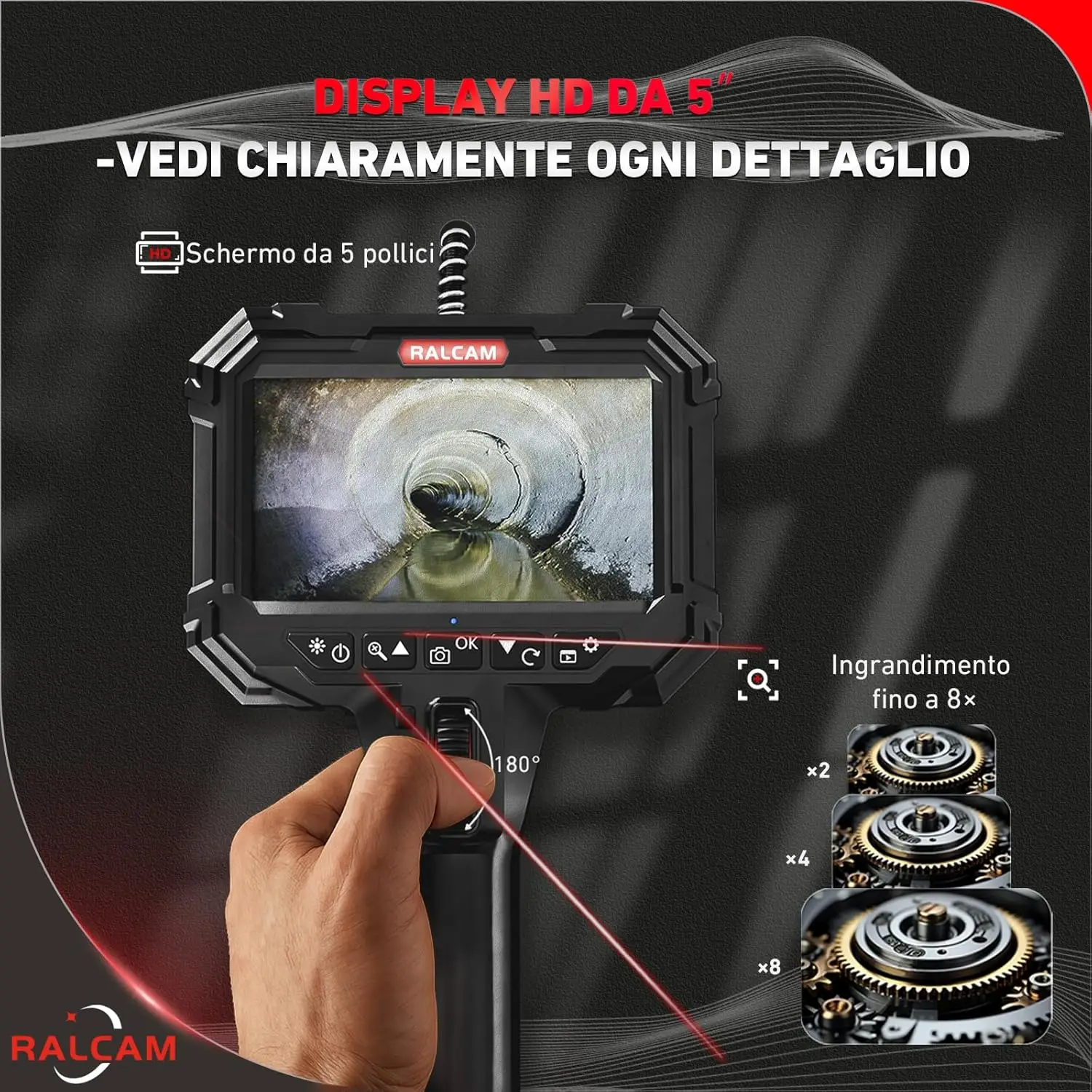 Two-Way Articulating 5Inch Borescope Camera with Light, 210° Flexible Cable, Industrial Endoscope Inspection Camera with Light