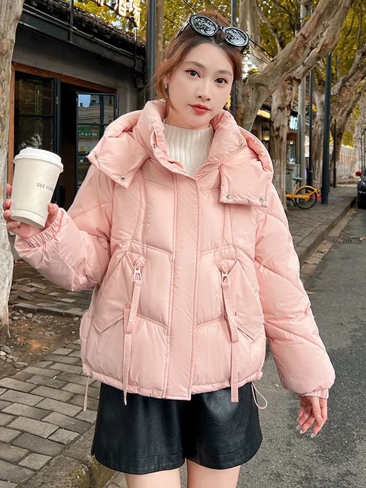 

Women's ort Puffer Cotton Jaet Loose Fit Thiened Winter Coat Korean Sle Commute Zipper ket Hooded Long Sve