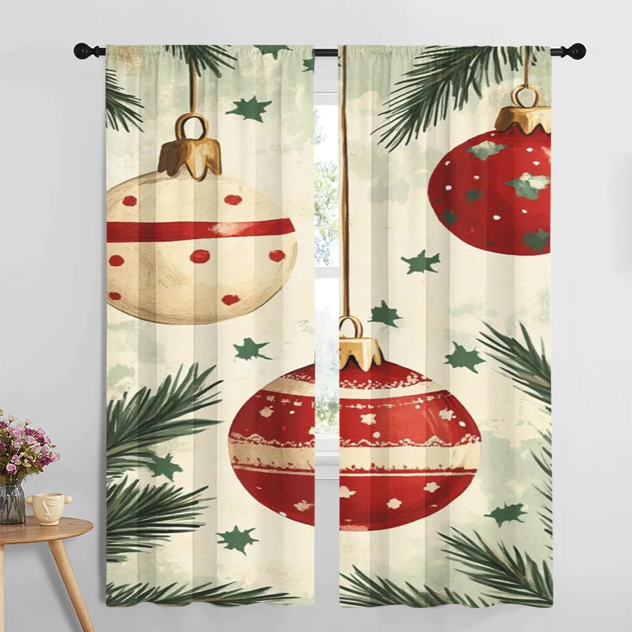 2PCS Digital Print Curtain, Vintage Christmas Ornament Balls with Pine Branches on Aged Cream, Retro, for Home Window Decoration