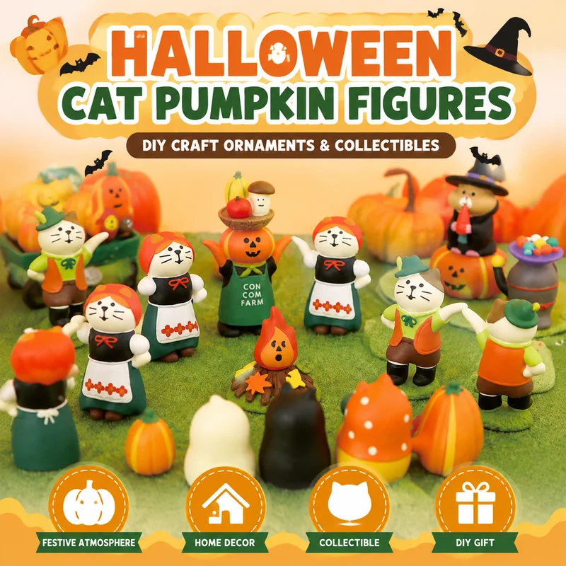 Halloween Cat Pumpkin Figurine Trendy Ornament Diy Handmade Craft Small Tabletop Decor Home Desktop Decoration Holiday Gift