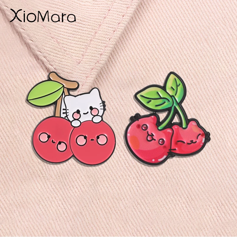 Cherry Cat Cute Fruit Enamel Pin Playful Kitten Brooch with Twin Cherry Cartoon Animal Brooches Lapel Badge Jewelry Gifts