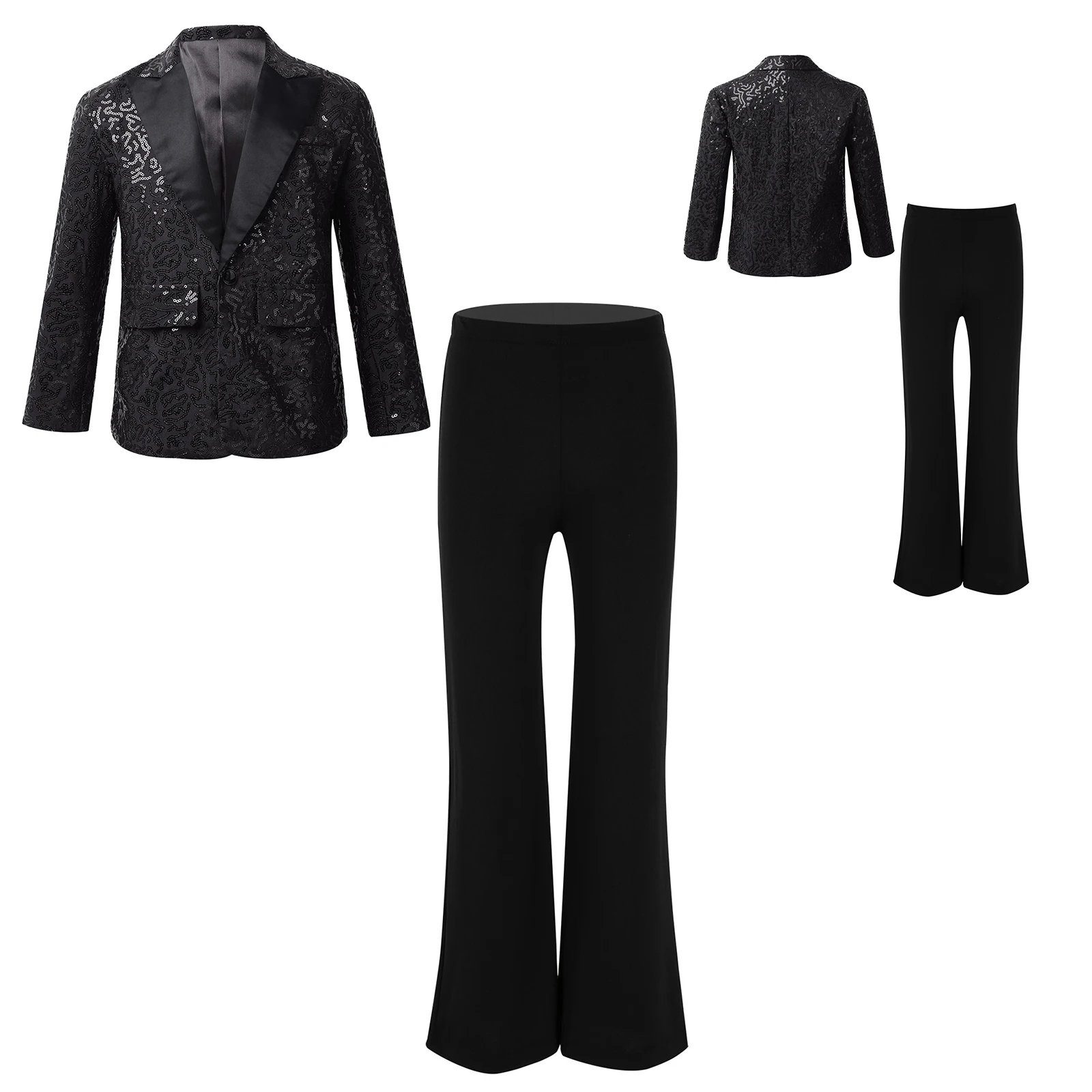 Kids Boys One Button Sequins Suit Jacket Blazer with Pants for Jazz Dance Wedding School Party Carnival Christmas Halloween