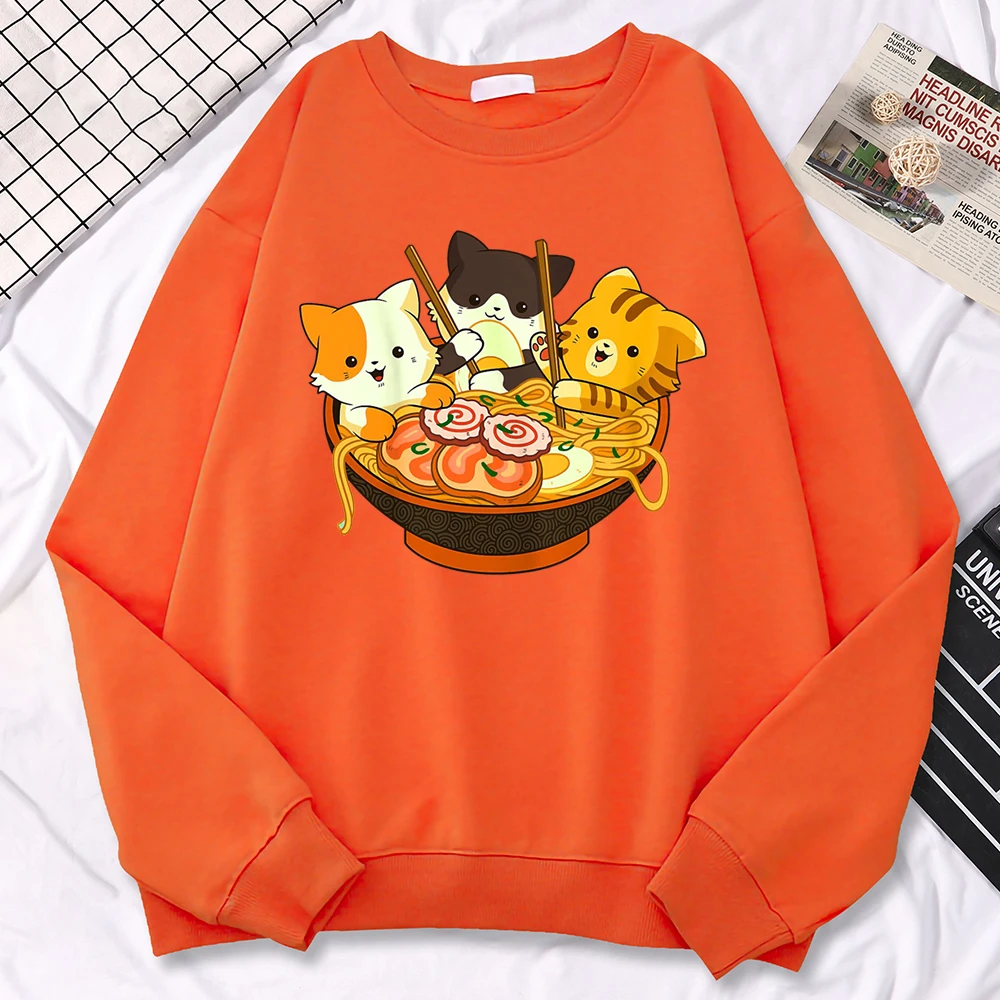 Simple Kawaii Sweatshirt For Women Anime Cats Eating Japanese Ramen Noodles Print Hoodies Loose Warm Pullover Crewneck Clothes