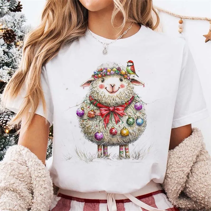 Women's Top Cute Pattern T-Shirt Christmas Sheep Holiday Short Sleeve T-Shirt Style Fashionable Winter Holiday Basic T-Shirt