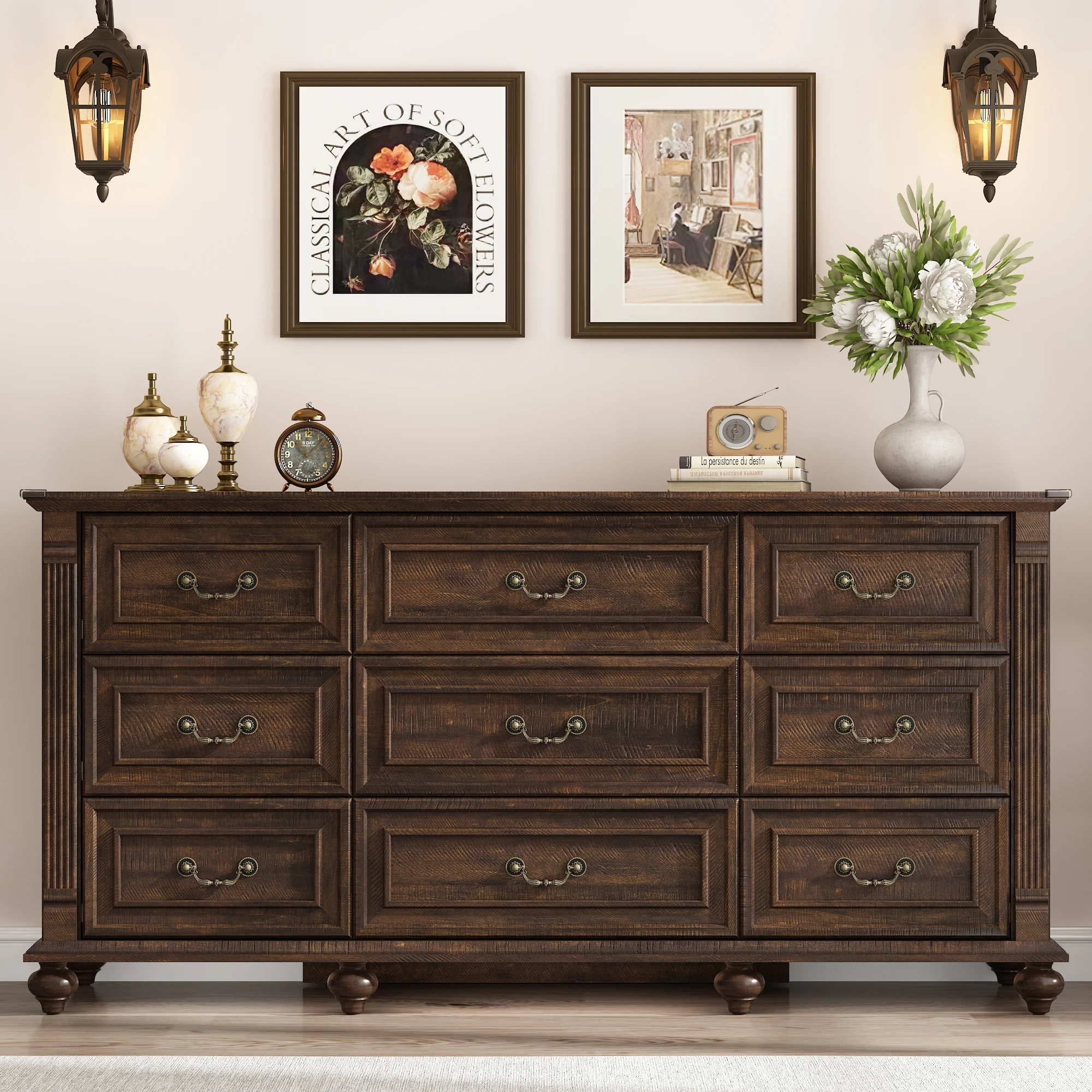 Dresser for Bedroom, Wooden Rustic 9 Chest of Drawers, Farmhouse Drawer Dresser for Living Room, Storage Drawer Cabinet