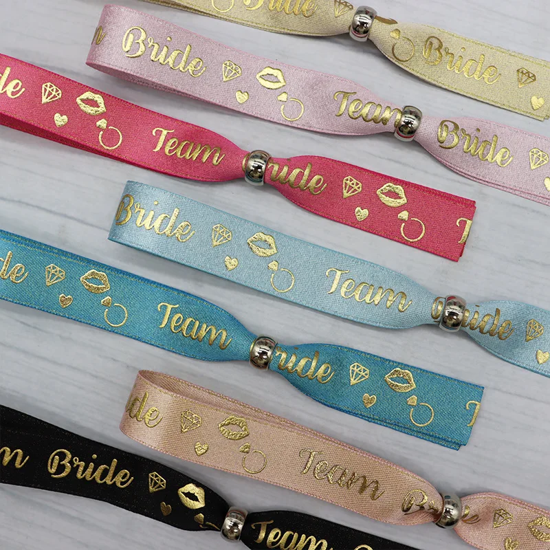 11PCS/Set 10set/lot Gold Foil Bride Adjustable Bucket Wedding Wristband Team Bride Gold Glitter Ribbon Bracelets For Party