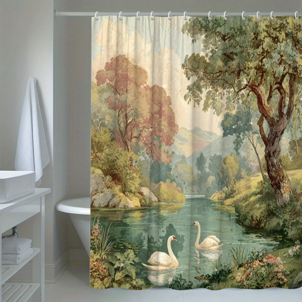 Watercolor Landscape Shower Curtain Swan Pond Nature Bathroom Decor Bohemian Style Shower Curtain